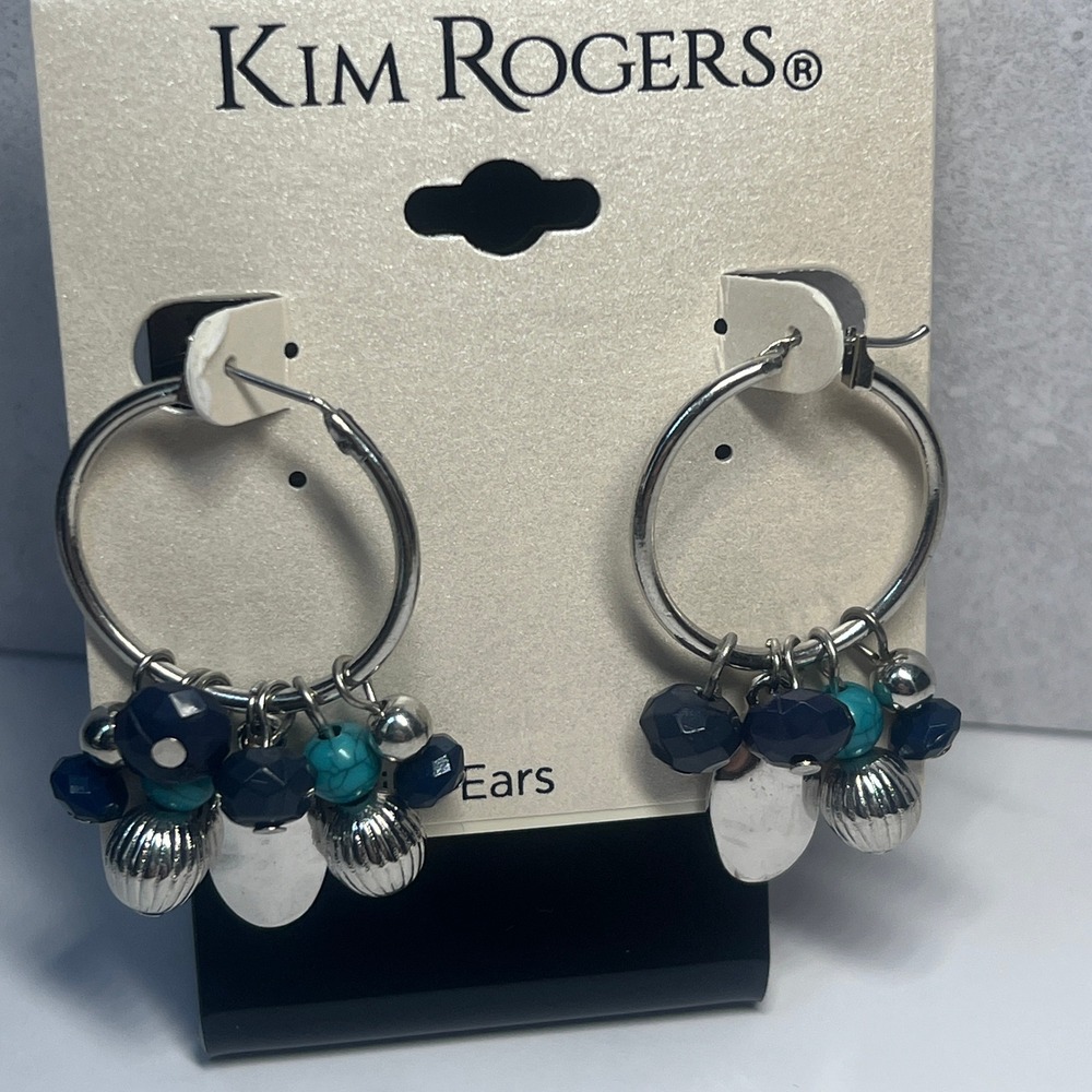 Kim Rogers Boho Turquoise Navy Beaded Hoop Earrings Silver Tone Southwestern